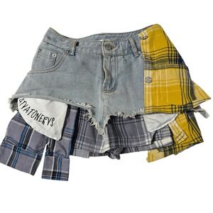Kollyy Womens Distressed Denim Plaid Patchwork Mini Skirt Size S